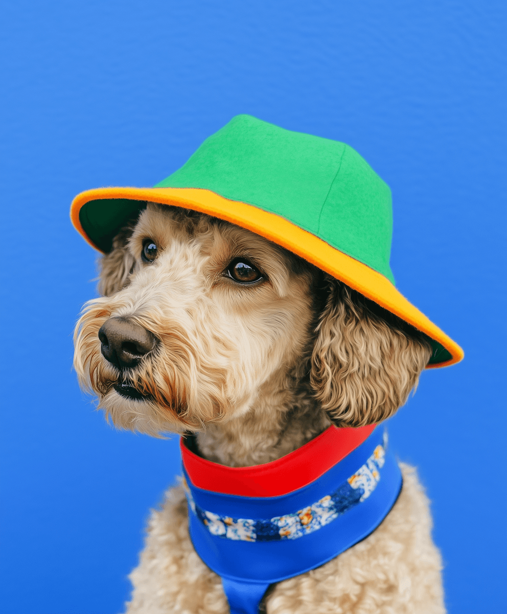 scruffy puppy on a lemon hat